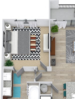 Hays 3D 3D Hays 1 Bedroom floorplan apartment with entry closet. L-shaped kitchen with island, open to living area, 1 bath with double vanity sink and walk-in closet. in-unit laundry. balcony.